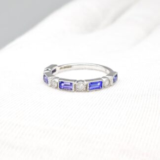 Diamond Half Eternity Band With Baguette Tanzanite Bezel Set 14k White Gold Bridal Rings