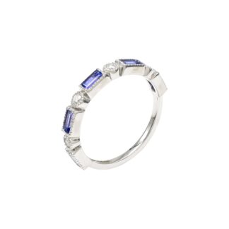 Diamond Half Eternity Band With Baguette Tanzanite Bezel Set 14k White Gold Bridal Rings