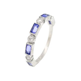 Diamond Half Eternity Band With Baguette Tanzanite Bezel Set 14k White Gold Bridal Rings