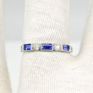 Diamond Half Eternity Band With Baguette Tanzanite Bezel Set 14k White Gold Bridal Rings