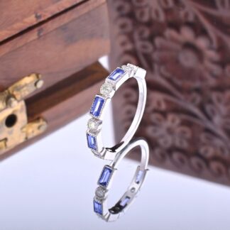 Diamond Half Eternity Band With Baguette Tanzanite Bezel Set 14k White Gold Bridal Rings