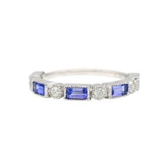 Diamond Half Eternity Band With Baguette Tanzanite Bezel Set 14k White Gold Bridal Rings