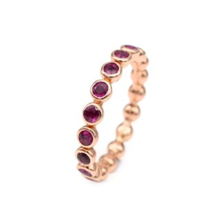 Dainty Round Cut Eternity Ring In 14k Rose Gold Burma Ruby Bezel Set Engagement Band
