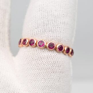 Dainty Round Cut Eternity Ring In 14k Rose Gold Burma Ruby Bezel Set Engagement Band