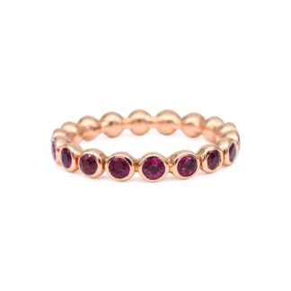 Dainty Round Cut Eternity Ring In 14k Rose Gold Burma Ruby Bezel Set Engagement Band