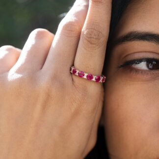 Stackable Diamond Ring In 14k Yellow Gold Ruby 4mm Round Full Eternity Women Band Rings