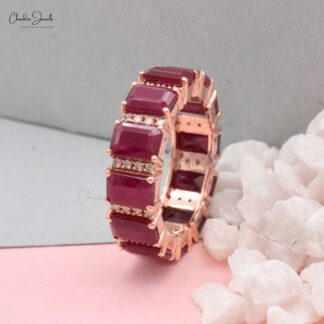 Real 14k Rose Gold Eternity Band With 6x4mm Burma Ruby And G-H Diamond Anniversary Ring
