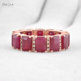 Real 14k Rose Gold Eternity Band With 6x4mm Burma Ruby And G-H Diamond Anniversary Ring