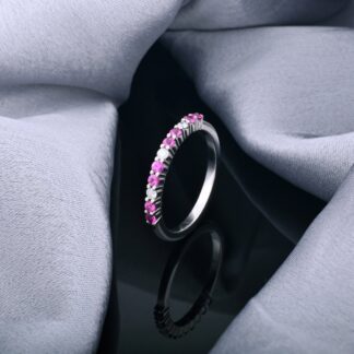 Dainty Half Eternity Band With 2mm Pink Sapphire Diamond 14k Solid White Gold Women Ring