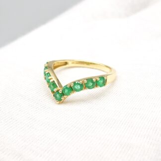Chevron Gemstone Ring with 3mm Emerald May Birthstone Certified Rings In 14k Yellow Gold