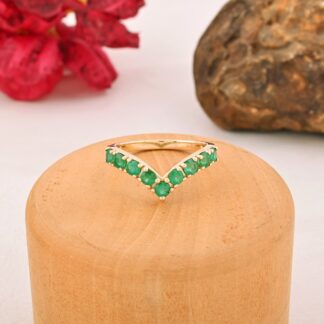 Chevron Gemstone Ring with 3mm Emerald May Birthstone Certified Rings In 14k Yellow Gold