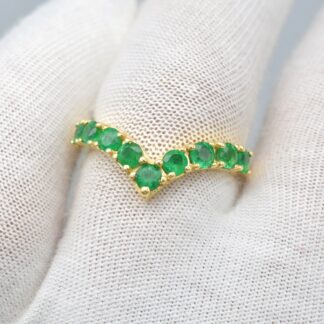 Chevron Gemstone Ring with 3mm Emerald May Birthstone Certified Rings In 14k Yellow Gold