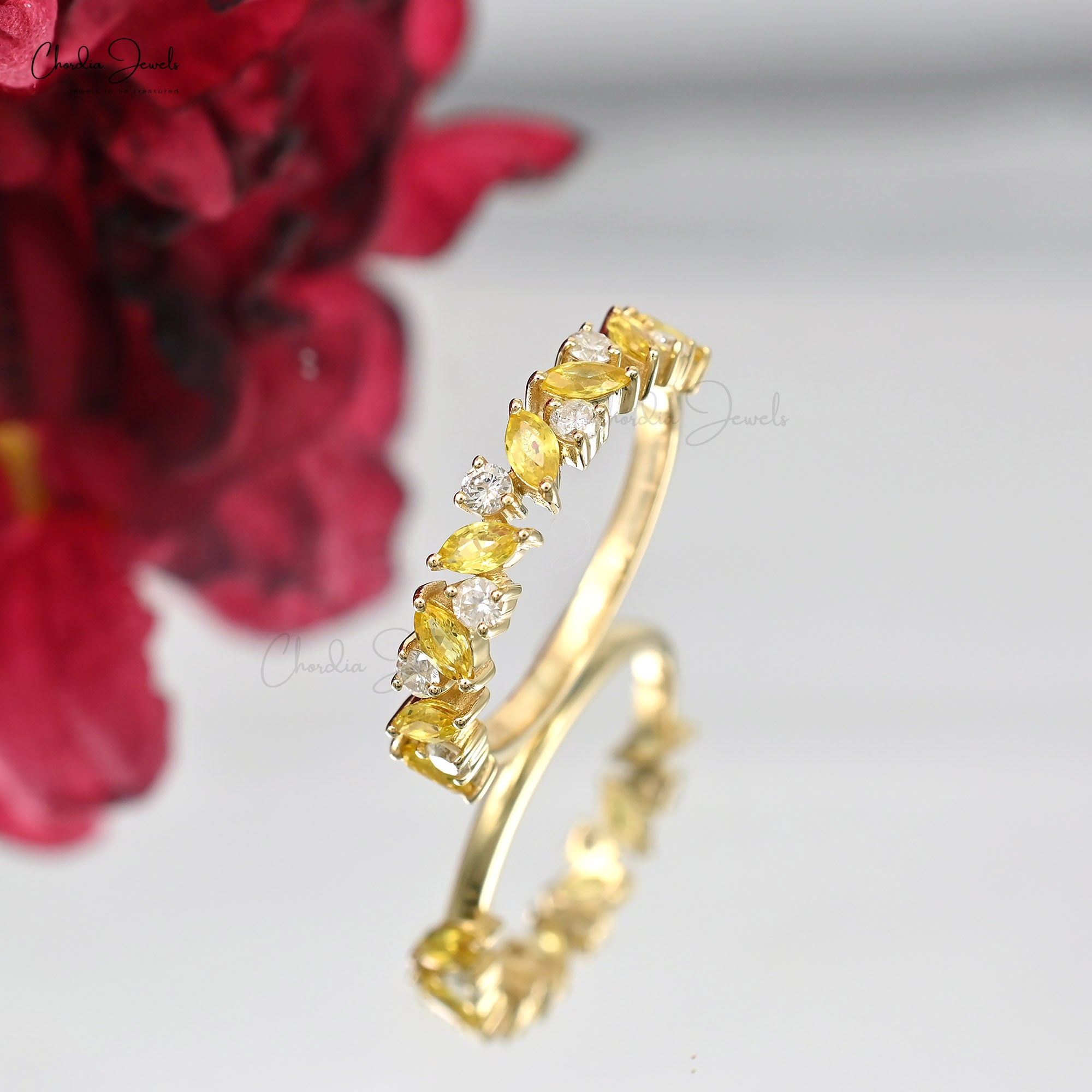 Yellow Sapphire and Diamond Ring with Eternity Style Setting
