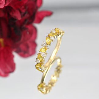 Half Eternity Cluster Band In 14k Yellow Gold Yellow Sapphire 4x2mm And Diamond Ring
