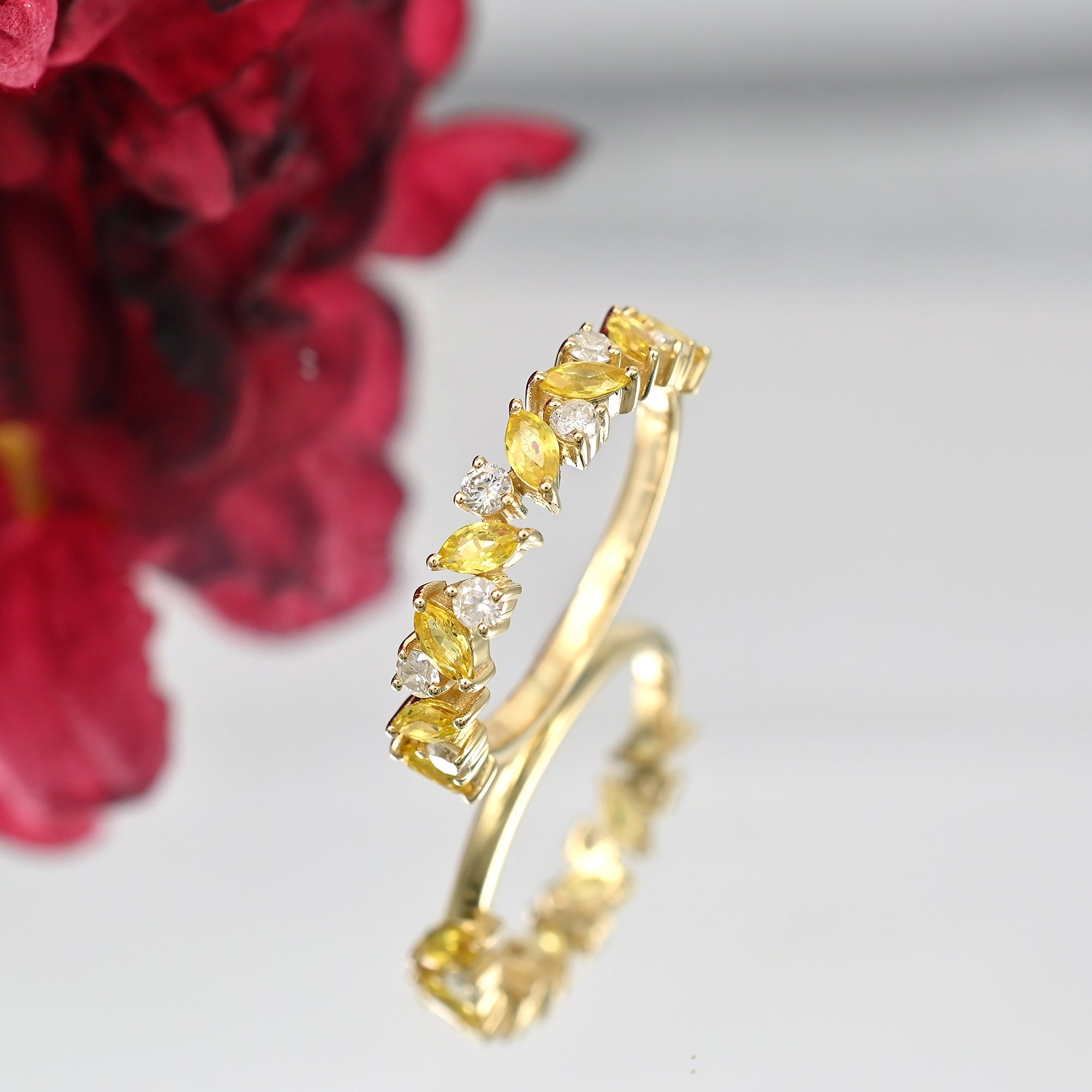 Half Eternity Cluster Band In 14k Yellow Gold Yellow Sapphire 4x2mm And Diamond Ring