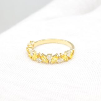 Half Eternity Cluster Band In 14k Yellow Gold Yellow Sapphire 4x2mm And Diamond Ring
