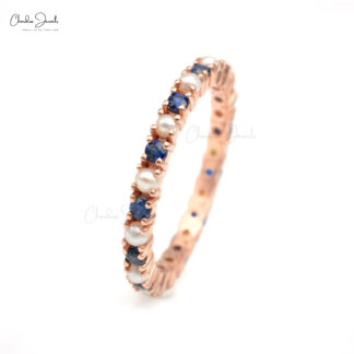 Eternity Stacking Band With 2mm Blue Sapphire And Pearl Pave Set In 14k Rose Gold Ring