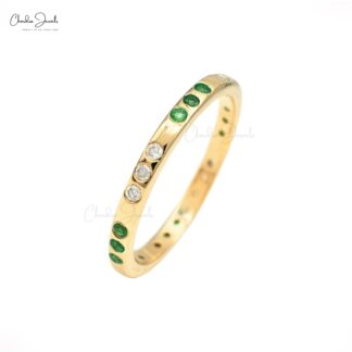 Natural Emerald & Diamond Stackable Ring In 14k Yellow Gold