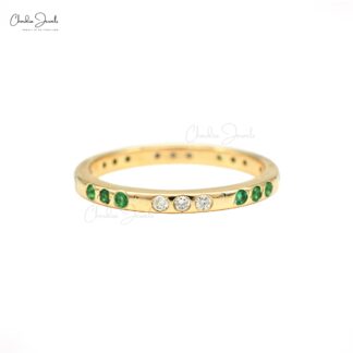 Natural Emerald & Diamond Stackable Ring In 14k Yellow Gold