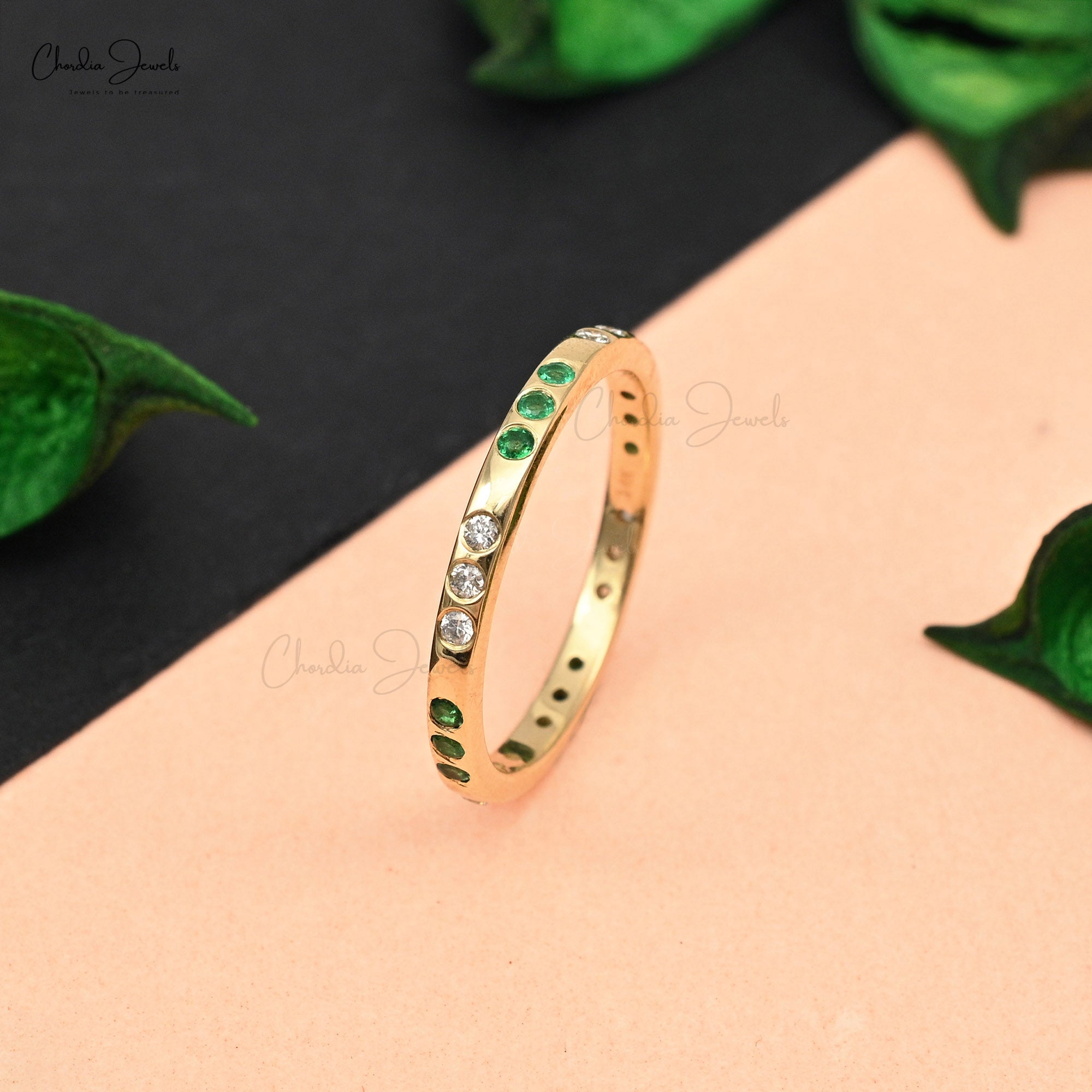 Natural Emerald & Diamond Stackable Ring In 14k Yellow Gold