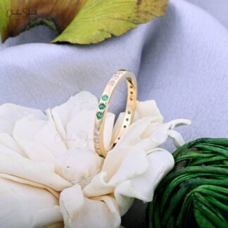 Natural Emerald & Diamond Stackable Ring In 14k Yellow Gold