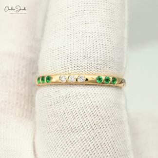 Natural Emerald & Diamond Stackable Ring In 14k Yellow Gold
