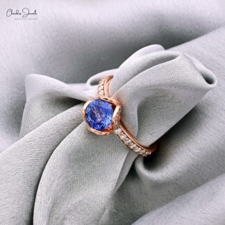 Floral Wedding Ring With 7mm Tanzanite Prong Set In 14k Rose Gold Diamond Promise Rings
