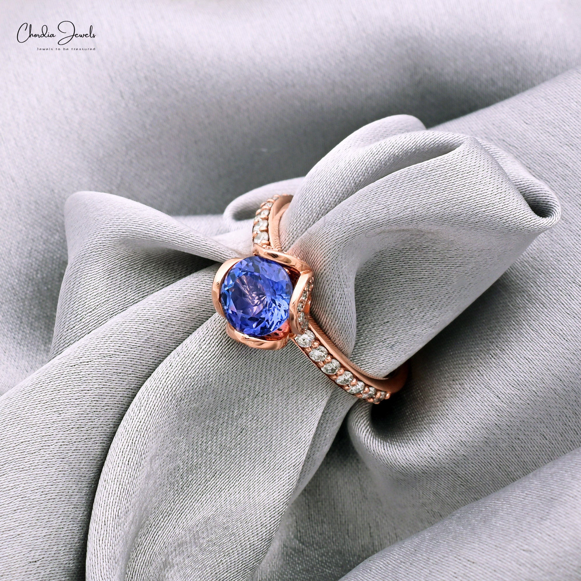 Floral Wedding Ring With 7mm Tanzanite Prong Set In 14k Rose Gold Diamond Promise Rings