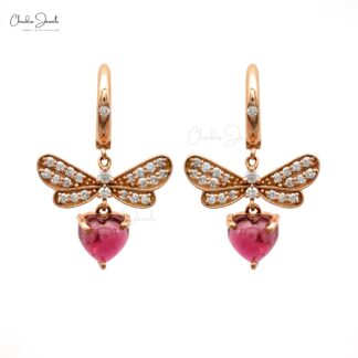 Dangle Heart Hoops With 6.5mm Pink Tourmaline And Diamond Love Earrings In 14k Rose Gold