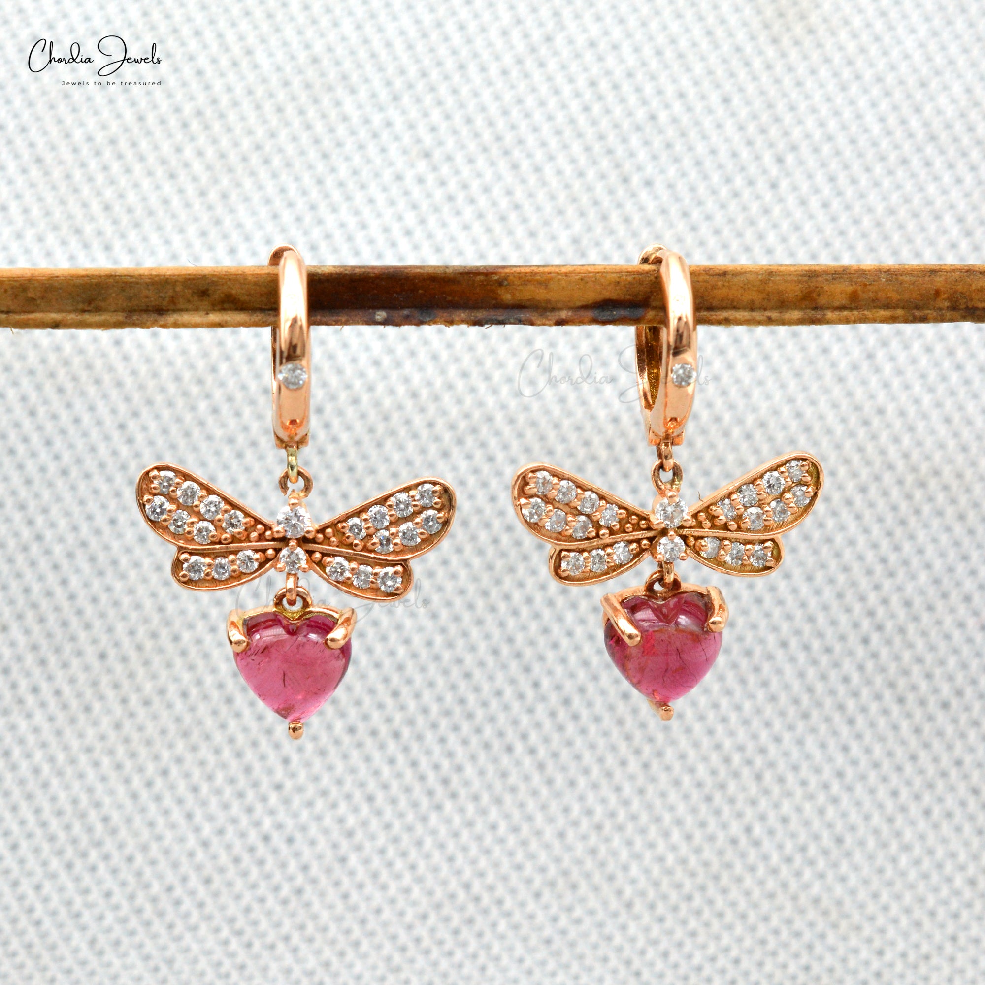 Dangle Heart Hoops With 6.5mm Pink Tourmaline And Diamond Love Earrings In 14k Rose Gold