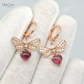 Dangle Heart Hoops With 6.5mm Pink Tourmaline And Diamond Love Earrings In 14k Rose Gold