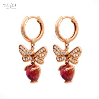 Dangle Heart Hoops With 6.5mm Pink Tourmaline And Diamond Love Earrings In 14k Rose Gold