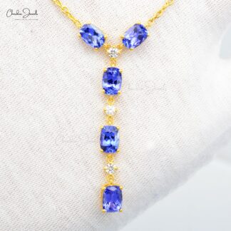 Lariat Y Chain Necklace In 14k Yellow Gold Tanzanite Diamond Light Weight Dangle Necklaces