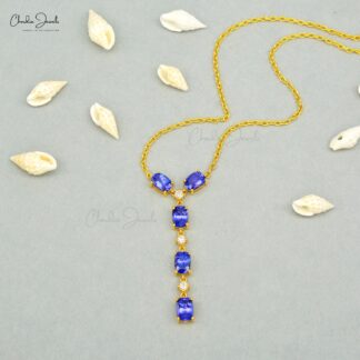 Statement Diamond Chain Necklace In 14k Yellow Gold Tanzanite 7x5mm Gemstone Necklaces