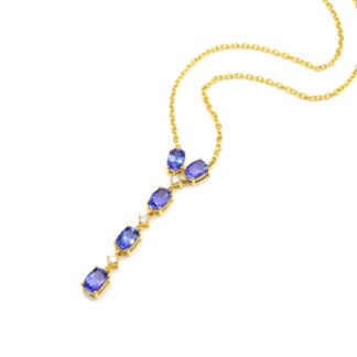 Statement Diamond Chain Necklace In 14k Yellow Gold Tanzanite 7x5mm Gemstone Necklaces