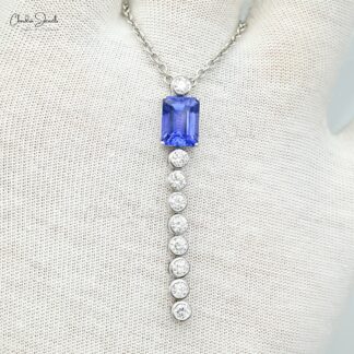 Pure 14k White Gold Lariat Necklace With 2.4 Ct Tanzanite Certified Diamond Chain Necklaces