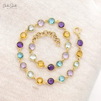 Multi Gemstone Bracelet In 14k Yellow Gold Rainbow Stone 4mm Round Bracelets For Her