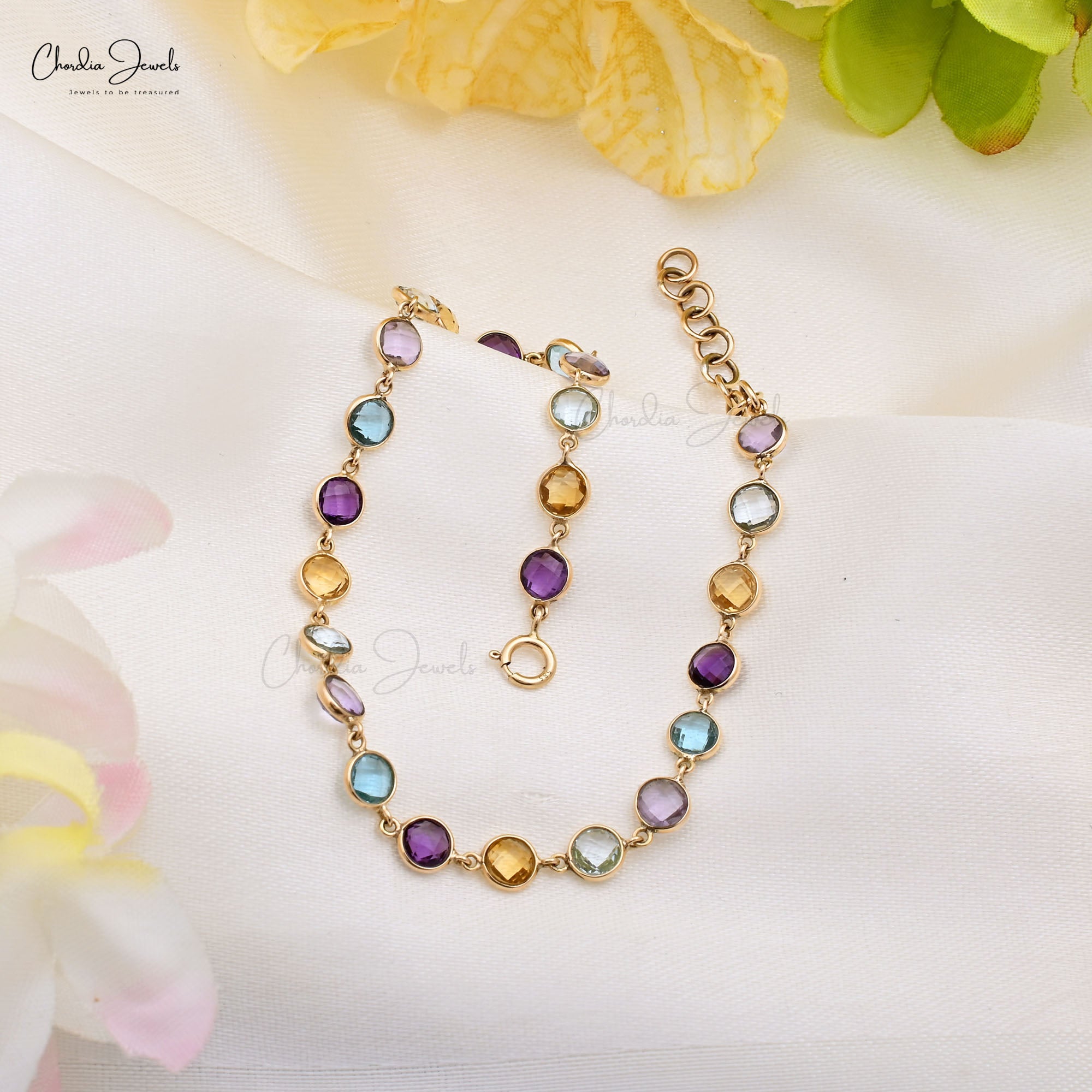 Multi Gemstone Bracelet In 14k Yellow Gold Rainbow Stone 4mm Round Bracelets For Her