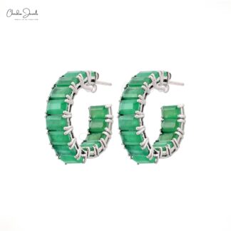 Solid 14k Gold Hoops Earrings With Natural Emerald