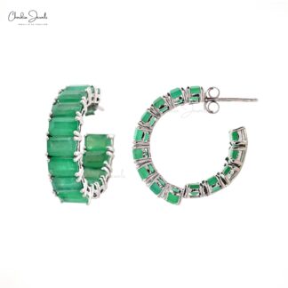 Solid 14k Gold Hoops Earrings With Natural Emerald