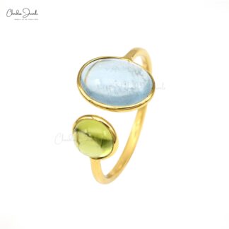 Two Stone Open Cuff Ring With 10x8mm Aquamarine And Peridot 14k Yellow Gold Promise Rings