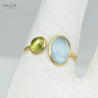 Real 14k Yellow Gold 2 Stone Ring With 10x8mm Aquamarine And Peridot Open Cuff Women Rings
