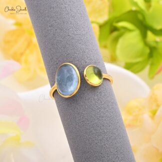 Real 14k Yellow Gold 2 Stone Ring With 10x8mm Aquamarine And Peridot Open Cuff Women Rings