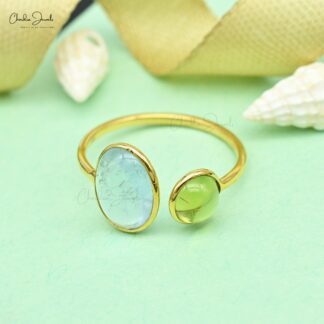 Real 14k Yellow Gold 2 Stone Ring With 10x8mm Aquamarine And Peridot Open Cuff Women Rings