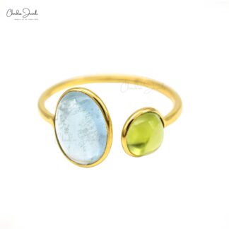 Two Stone Open Cuff Ring With 10x8mm Aquamarine And Peridot 14k Yellow Gold Promise Rings