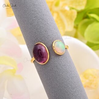 Bezel Set Split Shank Ring With 2.3 Ct Pink Tourmaline And Fire Opal 14k Yellow Gold Rings