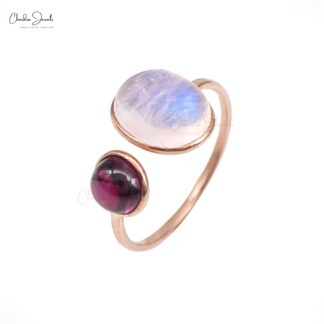 Split Shank Adjustable Rings In 14k Rose Gold Moonstone And Rhodolite Garnet 2 Stone Rings