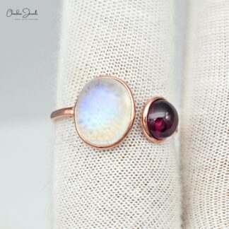 Split Shank Adjustable Rings In 14k Rose Gold Moonstone And Rhodolite Garnet 2 Stone Rings