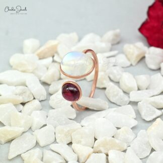 Split Shank Adjustable Rings In 14k Rose Gold Moonstone And Rhodolite Garnet 2 Stone Rings