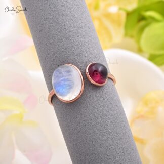 Split Shank Adjustable Rings In 14k Rose Gold Moonstone And Rhodolite Garnet 2 Stone Rings